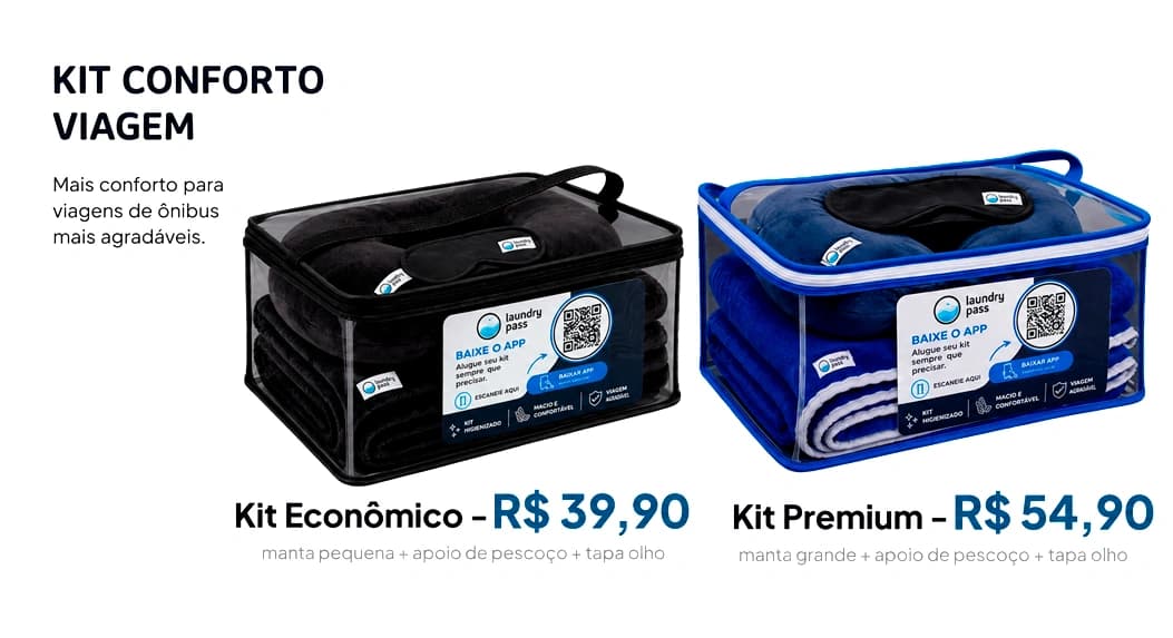 Kits Conforto Viagem Laundry Pass nas cores preta e azul, com manta, apoio de pescoço e máscara de dormir